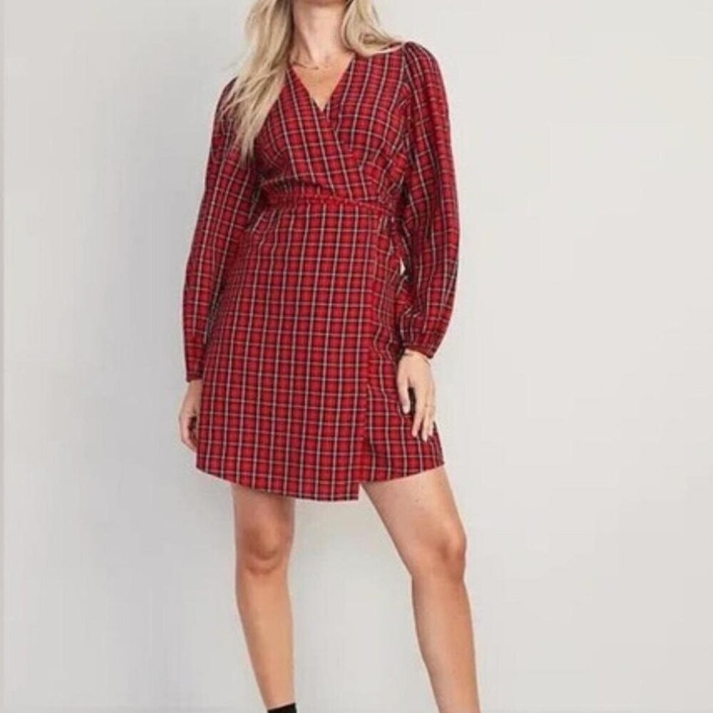 Old Navy Puff-Sleeve Red Plaid Seersucker Mini Wrap Dress Size Large